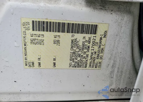 2010 Nissan Altima Base из США, поврежденный, VIN 1N4AL2APXAC170021